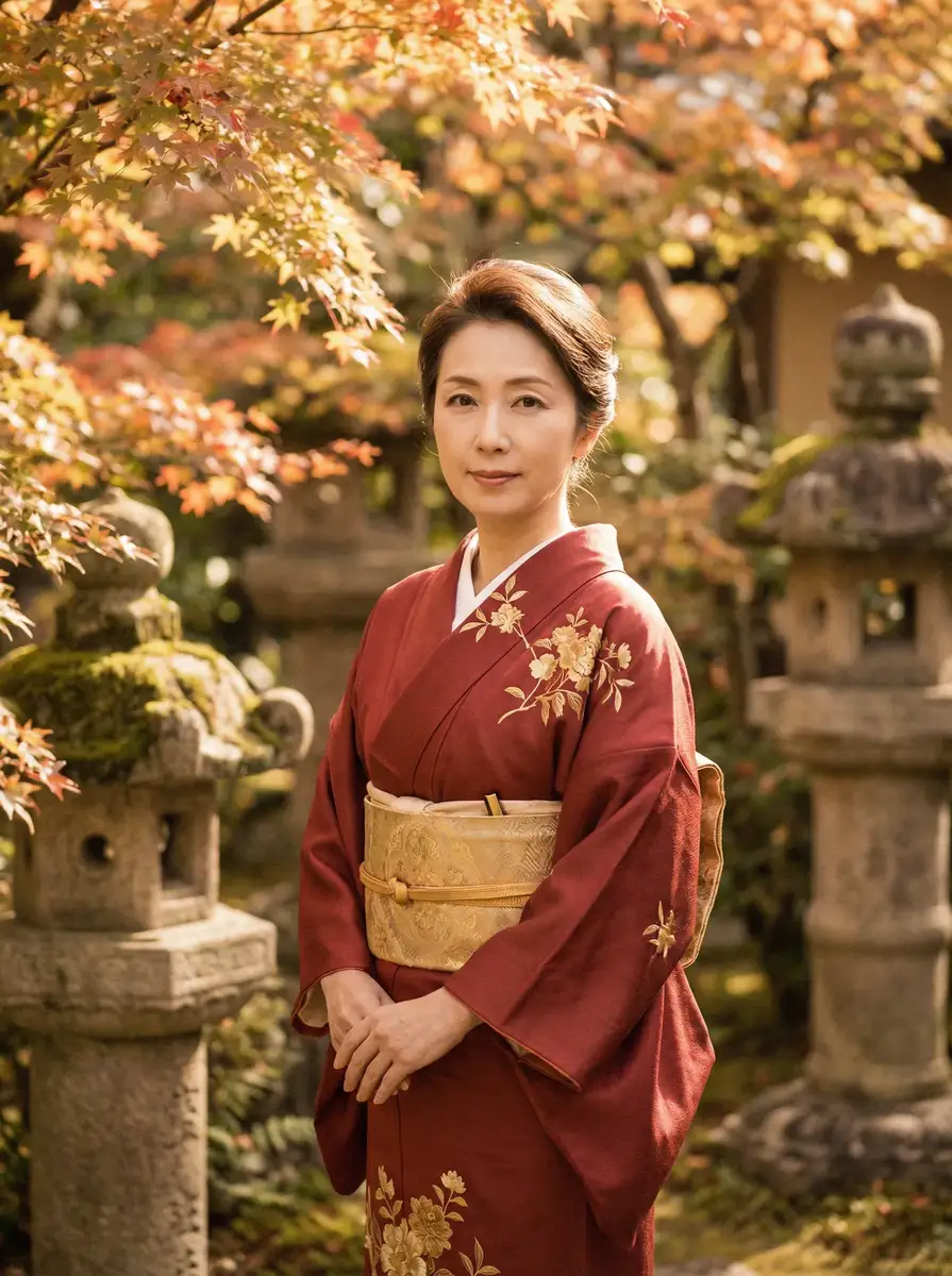 一位身穿暗红色和服的优雅 云鼎娱乐场平台 在日式庭院中